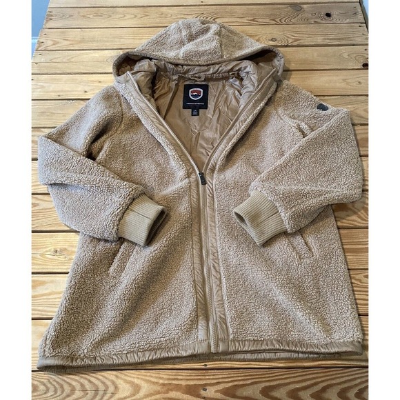 1 Madison Expedition Hooded Sherpa Jacket Size Large Women’s Tan Full Zip - Picture 1 of 9